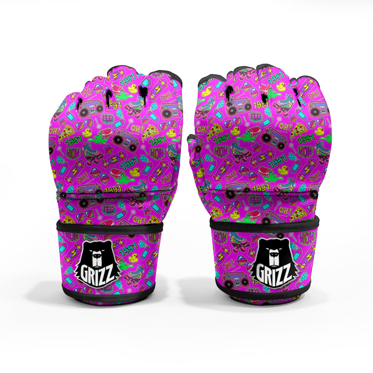 Pink Retro Stickers 90s Print Pattern MMA Gloves-grizzshop