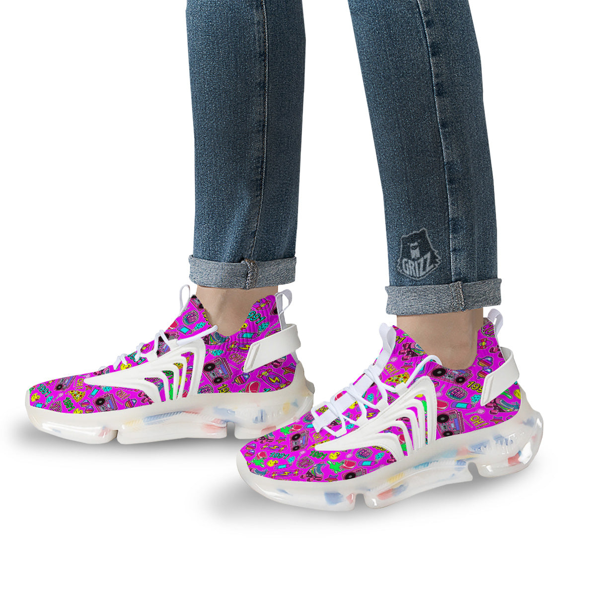 Pink Retro Stickers 90s Print Pattern White Gym Shoes-grizzshop