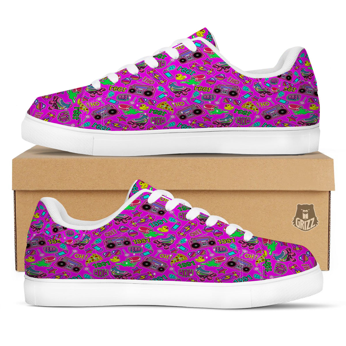 Pink Retro Stickers 90s Print Pattern White Low Top Sneakers-grizzshop