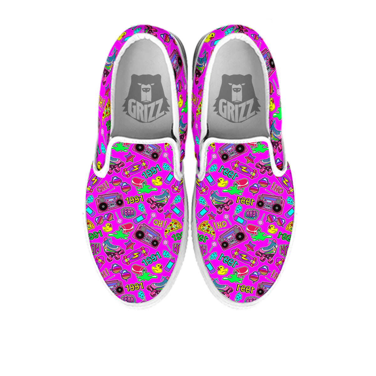 Pink Retro Stickers 90s Print Pattern White Slip On Shoes-grizzshop