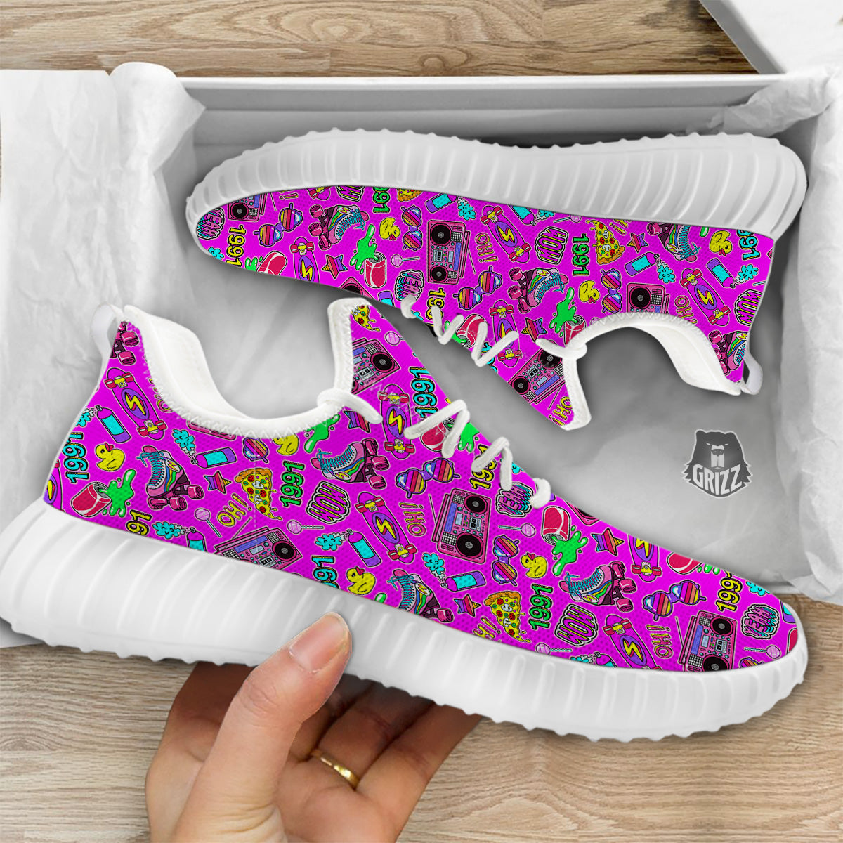 Pink Retro Stickers 90s Print Pattern White Walking Shoes-grizzshop