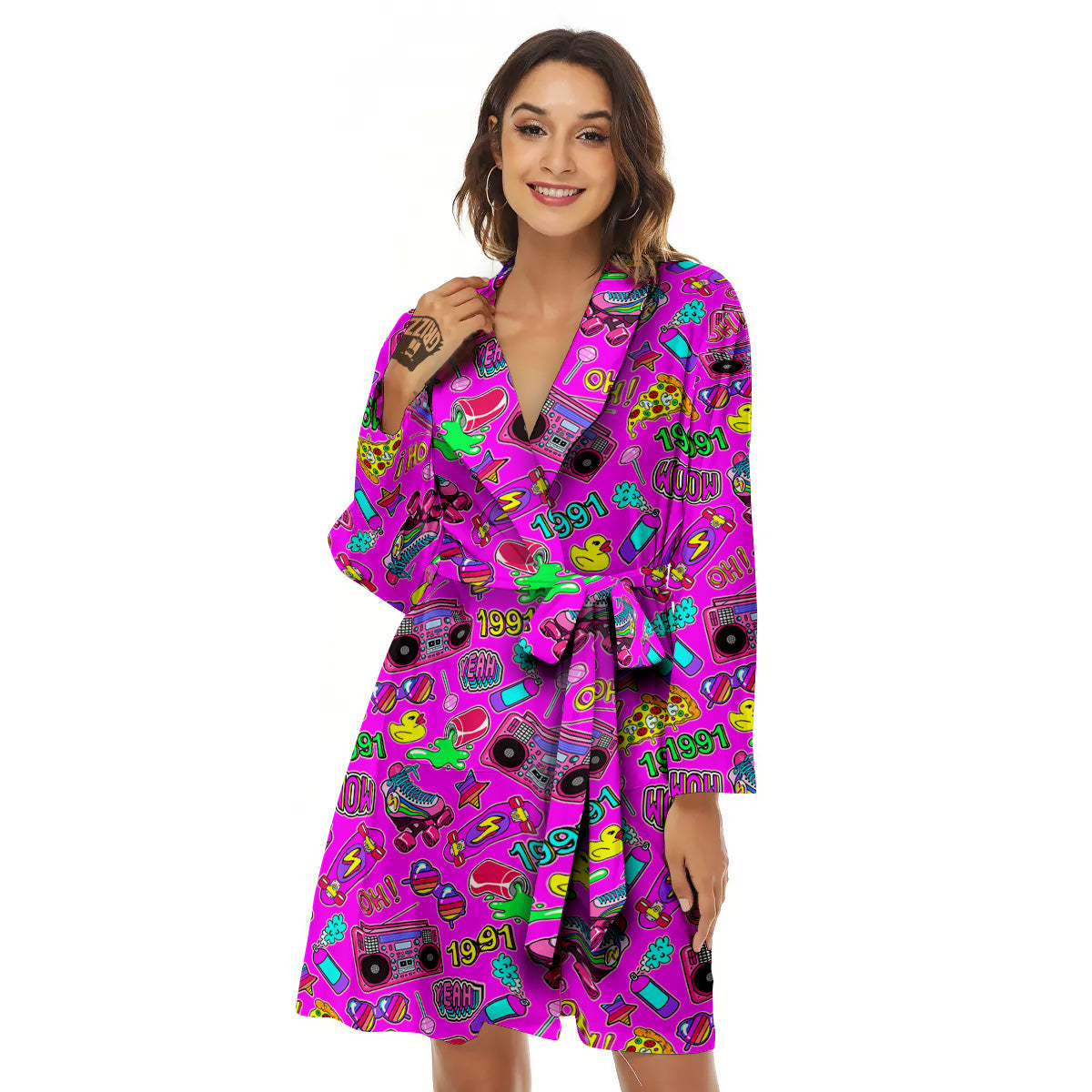 Pink Retro Stickers 90s Print Pattern Women's Robe-grizzshop