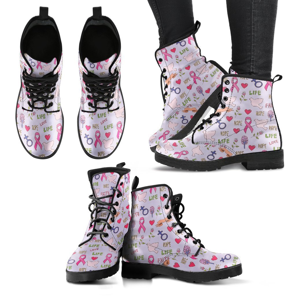 Pink Ribbon Breast Cancer Awareness Pattern Print Men Women Leather Boots-grizzshop