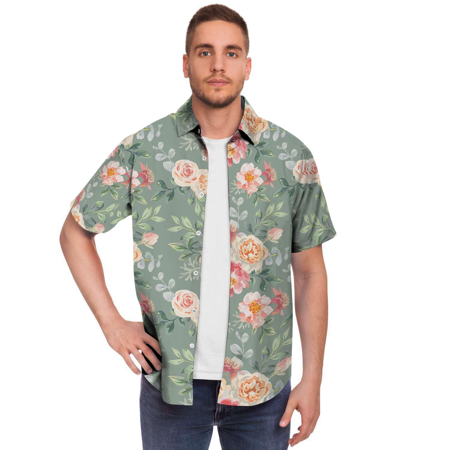 Pink Rose And Peony Floral Men's Short Sleeve Shirt-grizzshop