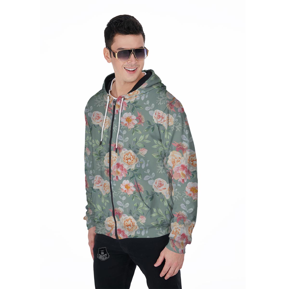 Pink Rose And Peony Floral Men's Zip Up Hoodie-grizzshop