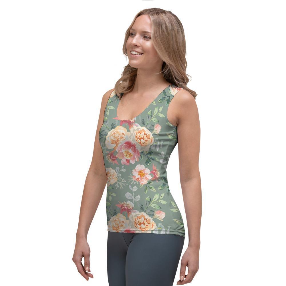Pink Rose And Peony Floral Women's Tank Top-grizzshop