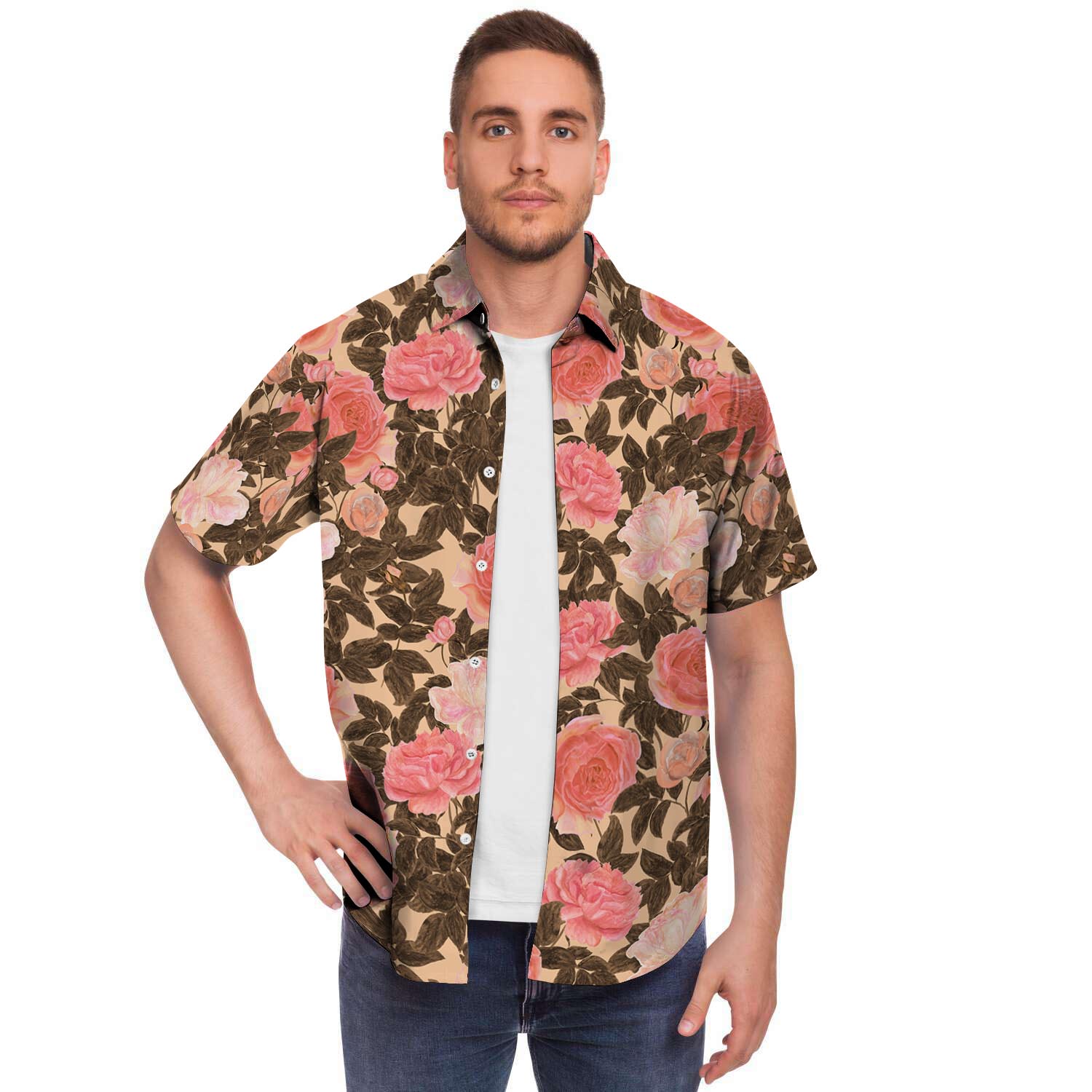Pink Rose Floral Men's Short Sleeve Shirt-grizzshop