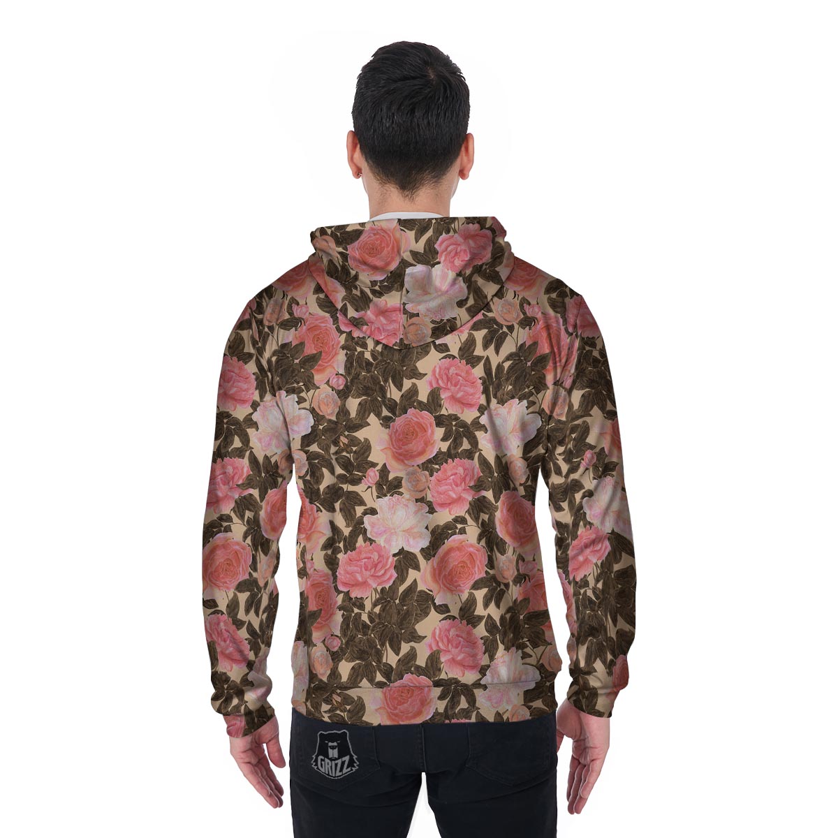 Pink Rose Floral Men's Zip Up Hoodie-grizzshop
