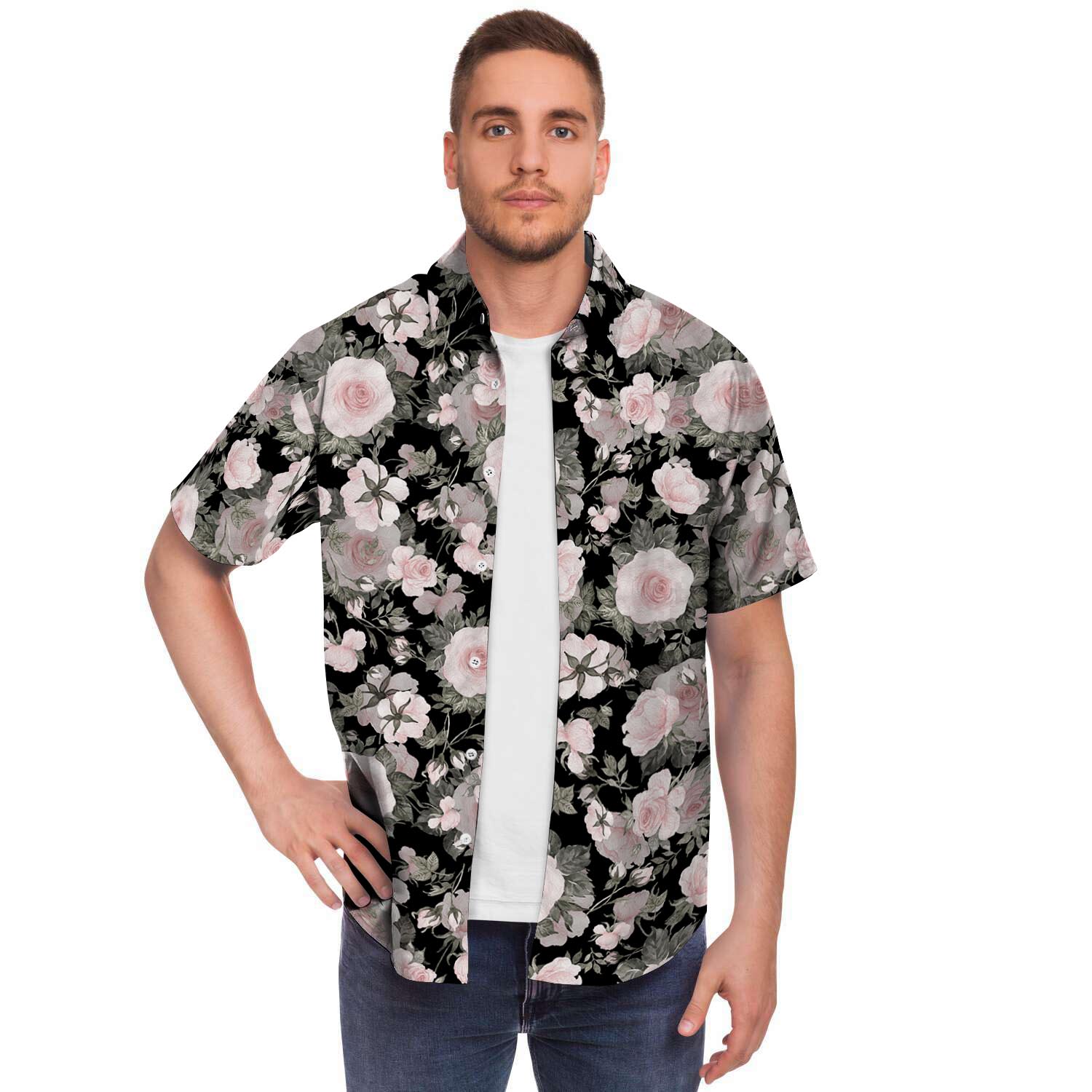 Pink Rose Floral Pattern Print Men's Short Sleeve Shirt-grizzshop