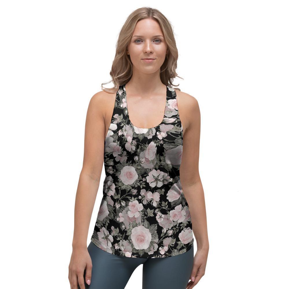 Pink Rose Floral Pattern Print Women's Racerback Tank Top-grizzshop