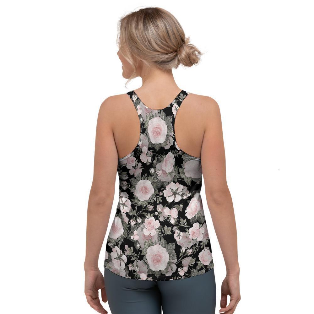 Pink Rose Floral Pattern Print Women's Racerback Tank Top-grizzshop
