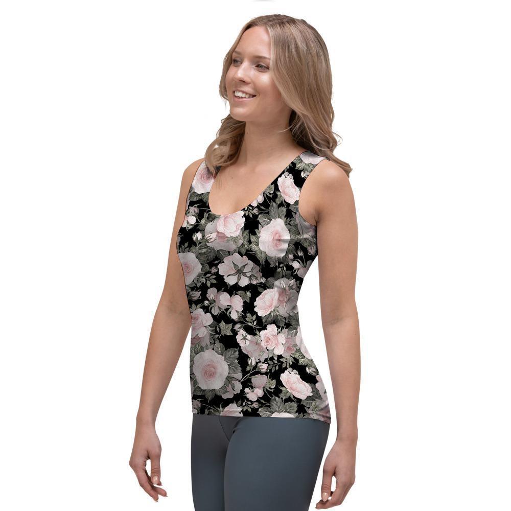 Pink Rose Floral Pattern Print Women's Tank Top-grizzshop