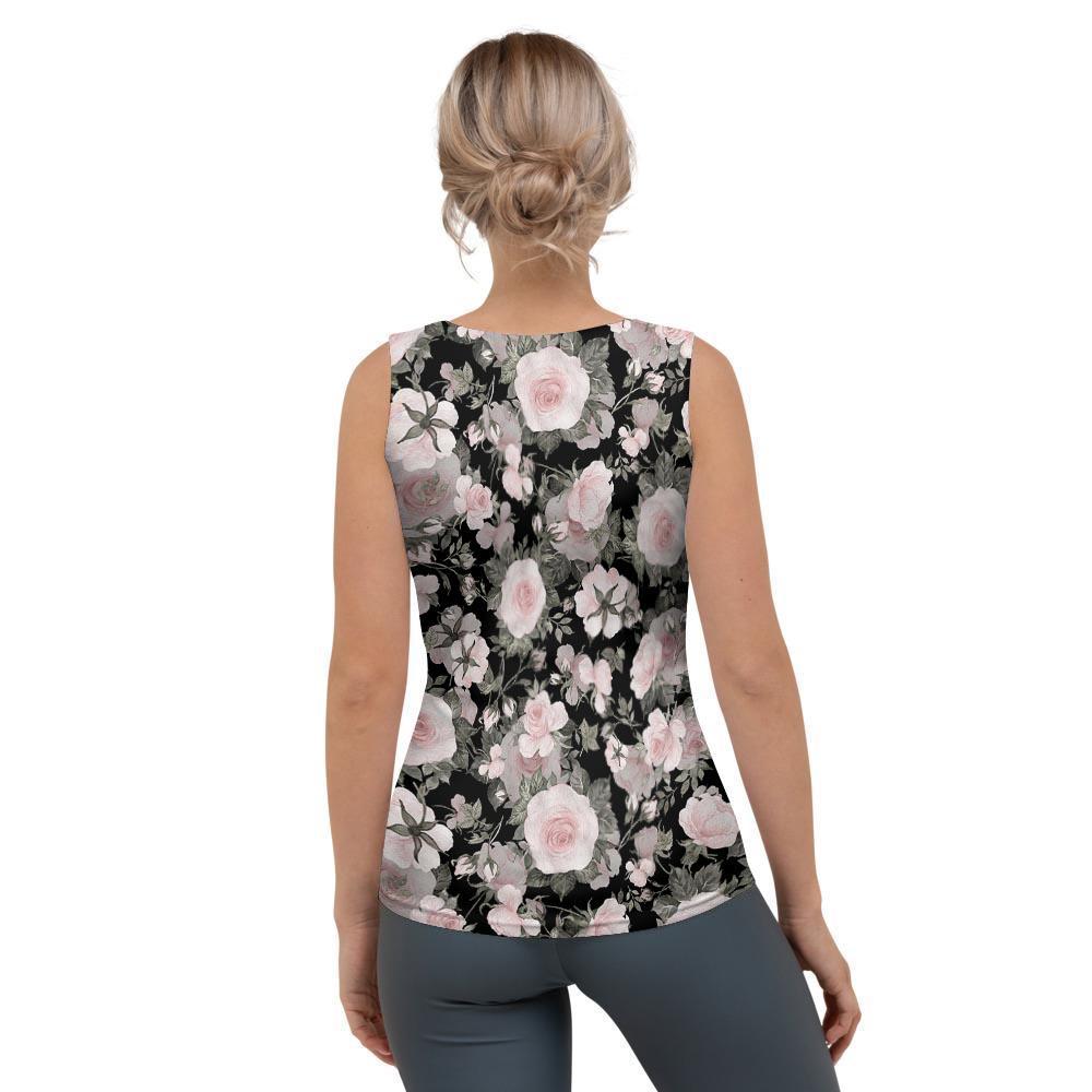 Pink Rose Floral Pattern Print Women's Tank Top-grizzshop