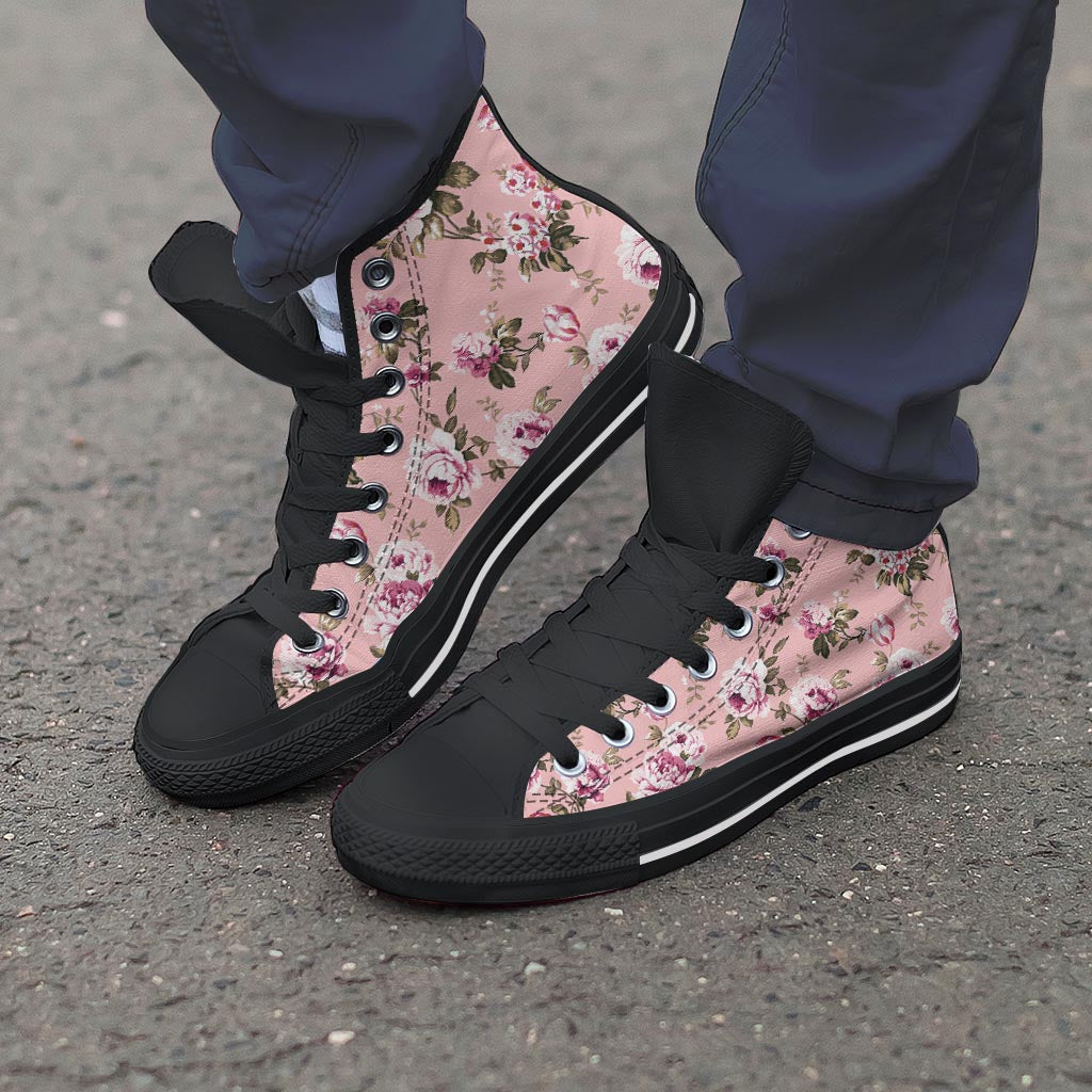 Pink Rose Floral Print Men's High Top Shoes-grizzshop