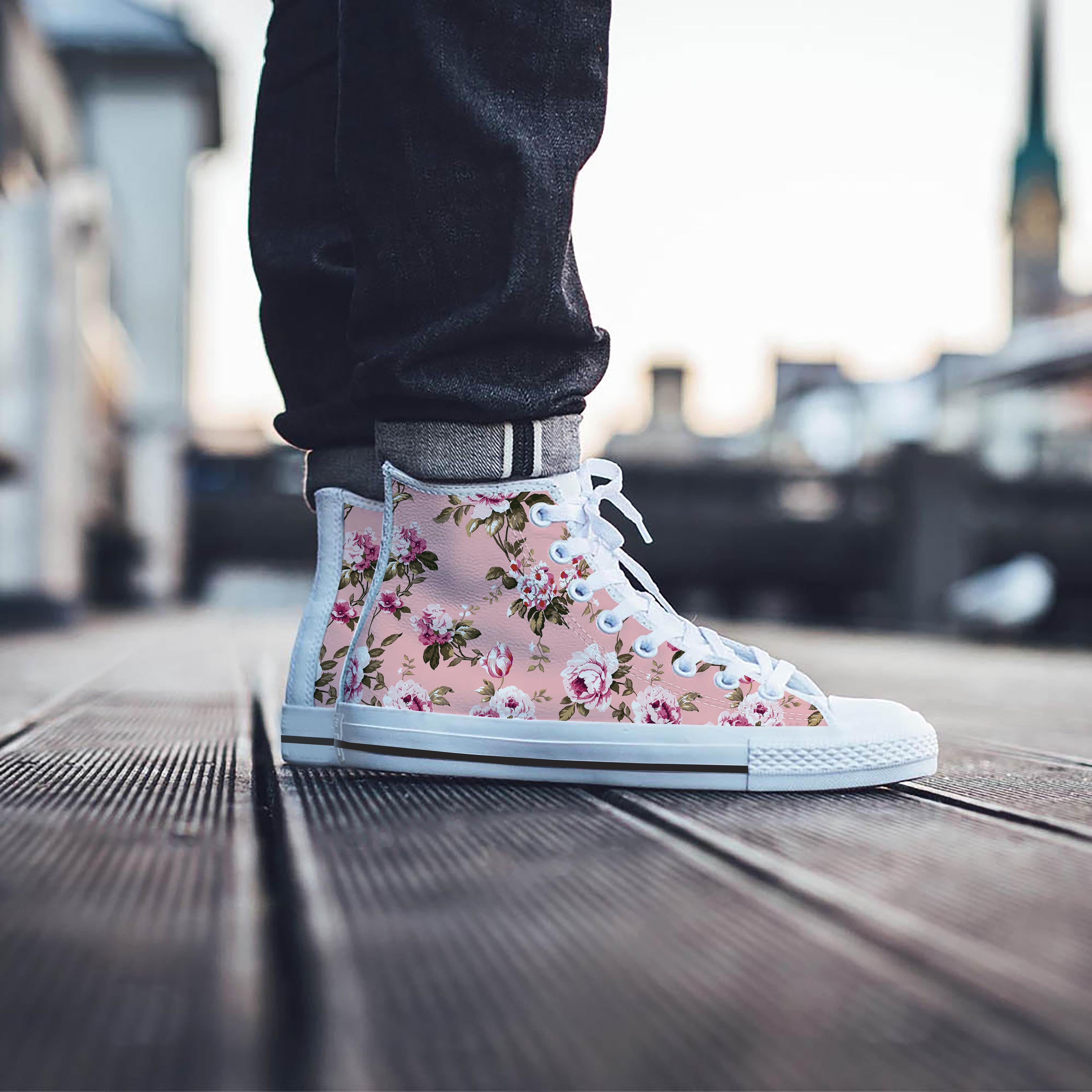 Pink Rose Floral Print Men's High Top Shoes-grizzshop