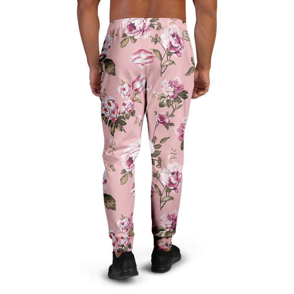 Pink Rose Floral Print Men's Joggers-grizzshop