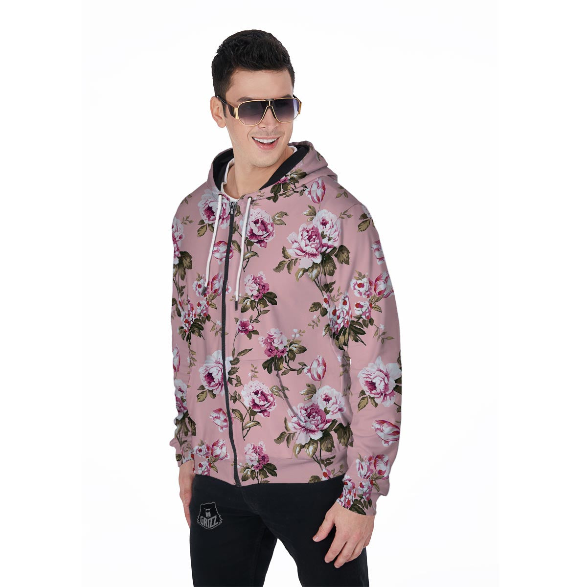 Pink Rose Floral Print Men's Zip Up Hoodie-grizzshop