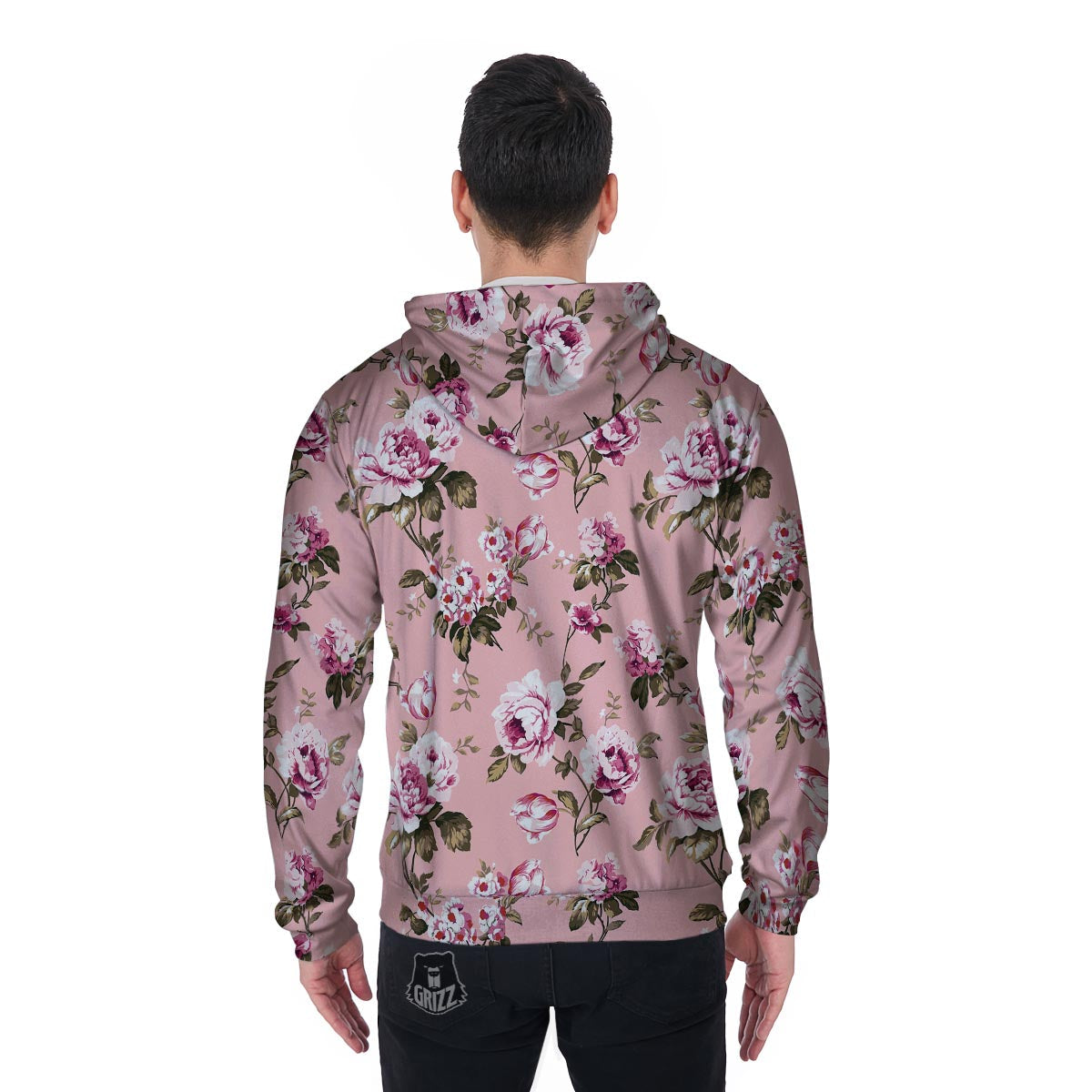 Pink Rose Floral Print Men's Zip Up Hoodie-grizzshop