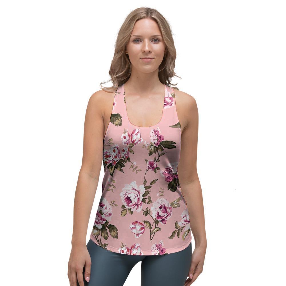 Pink Rose Floral Print Women's Racerback Tank Top-grizzshop