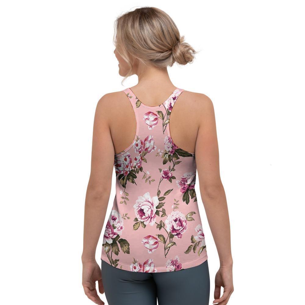 Pink Rose Floral Print Women's Racerback Tank Top-grizzshop
