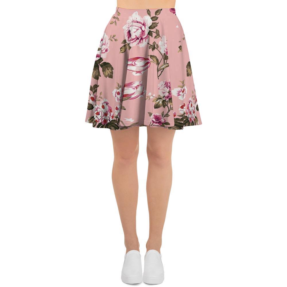 Pink Rose Floral Print Women's Skirt-grizzshop