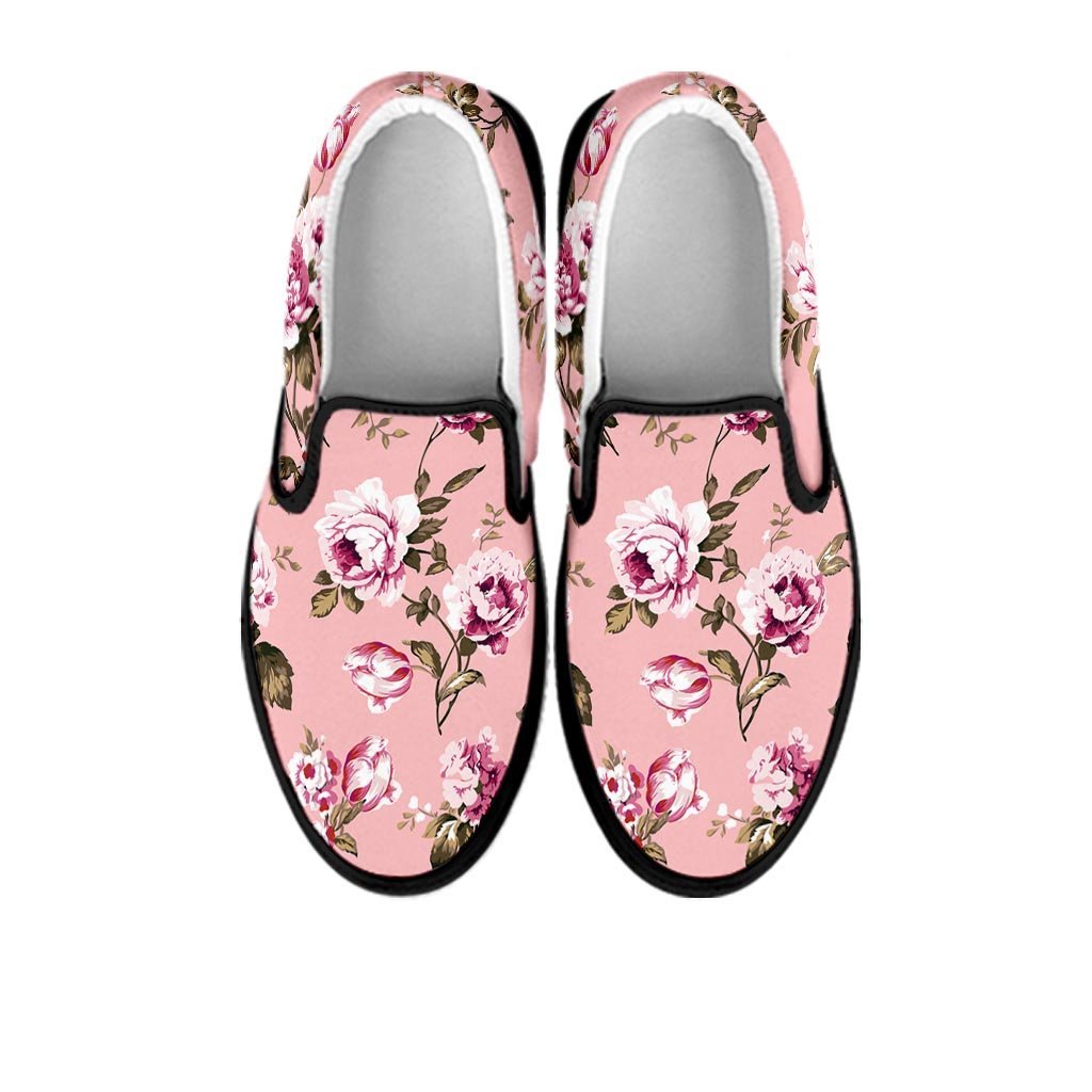 Pink Rose Floral Print Women's Slip On Sneakers-grizzshop