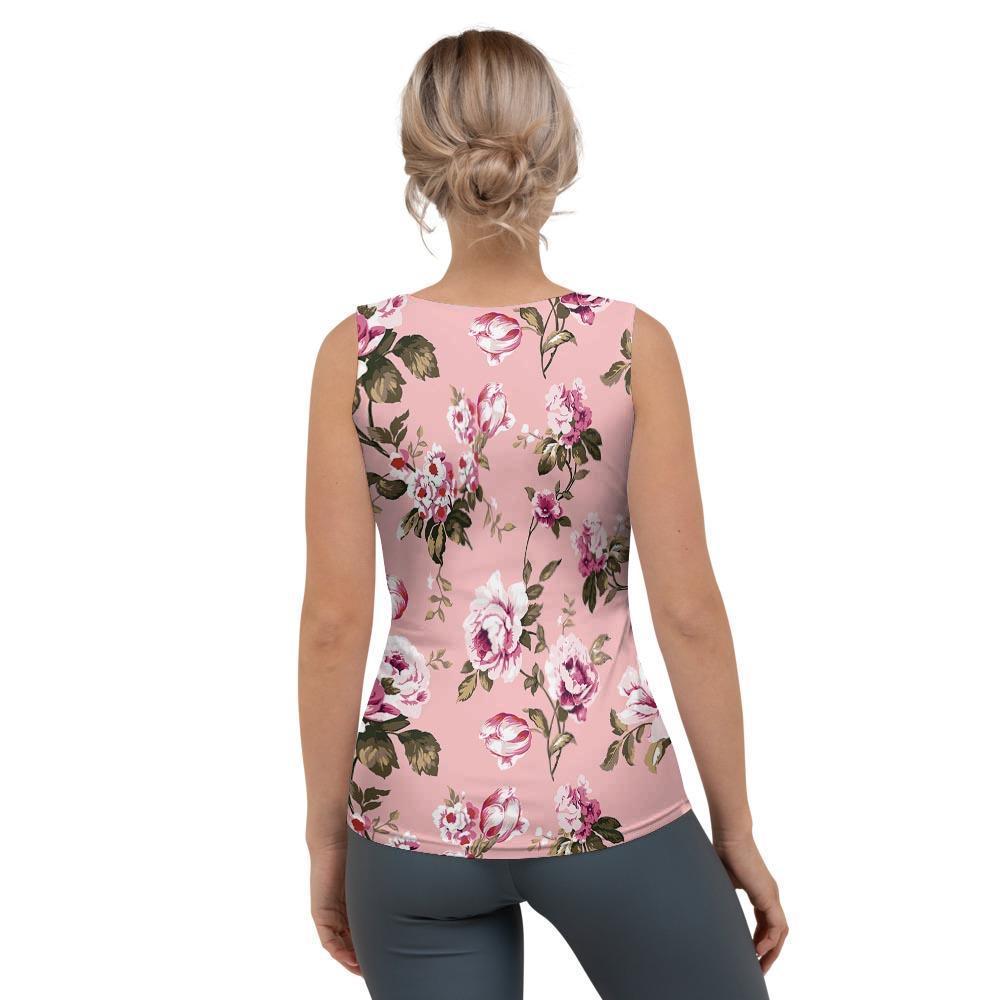 Pink Rose Floral Print Women's Tank Top-grizzshop