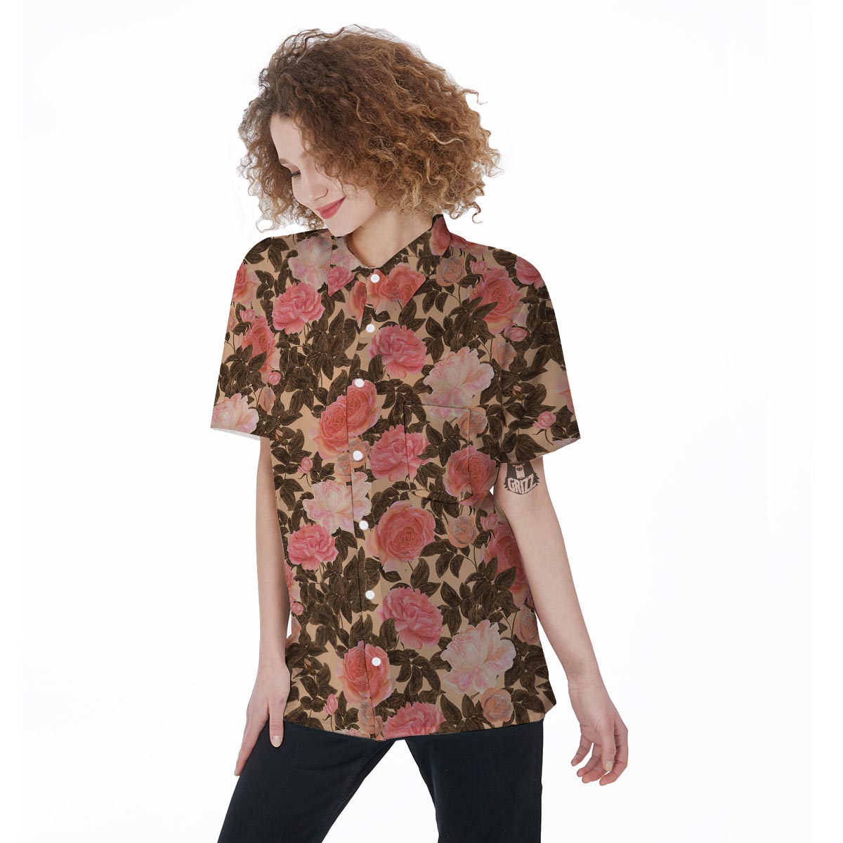 Pink Rose Floral Women's Short Sleeve Shirts-grizzshop
