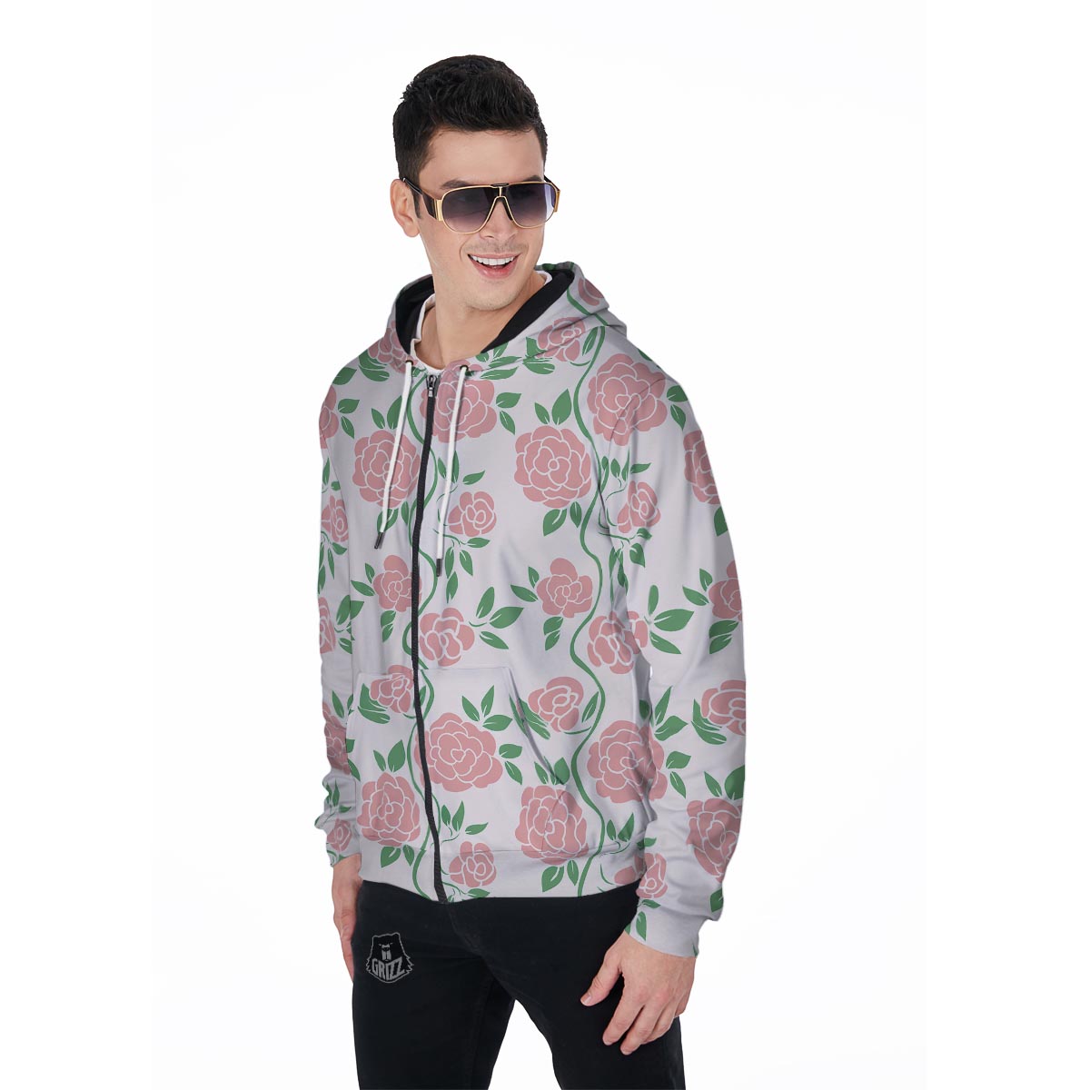 Pink Rose Flower Men's Zip Up Hoodie-grizzshop