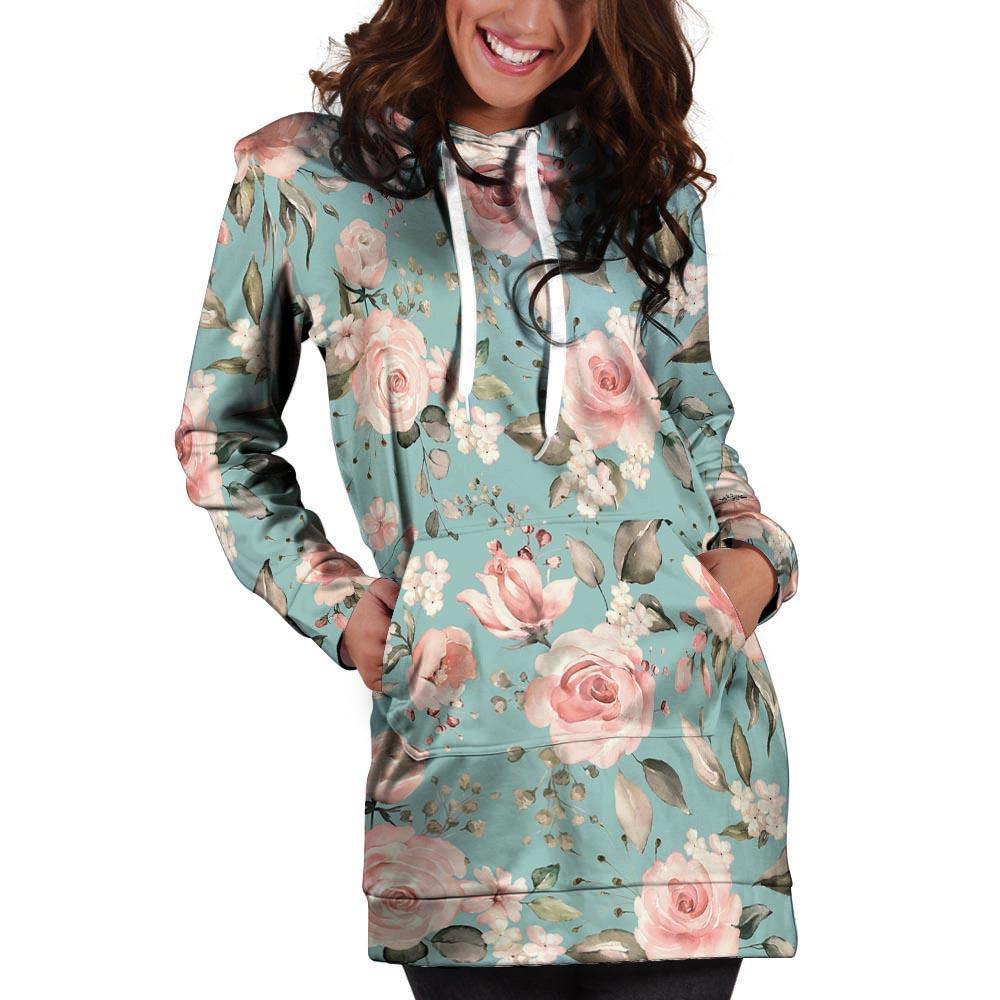Pink Rose Flower Print Hoodie Dress-grizzshop