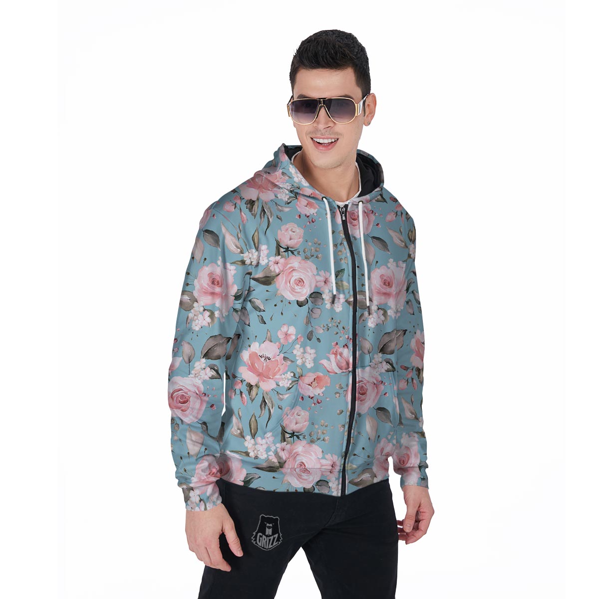 Pink Rose Flower Print Men's Zip Up Hoodie-grizzshop