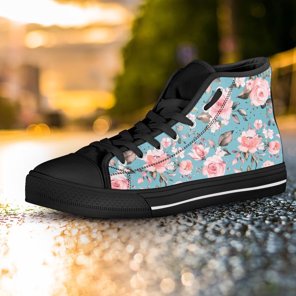 Pink Rose Flower Print Women's High Top Shoes-grizzshop