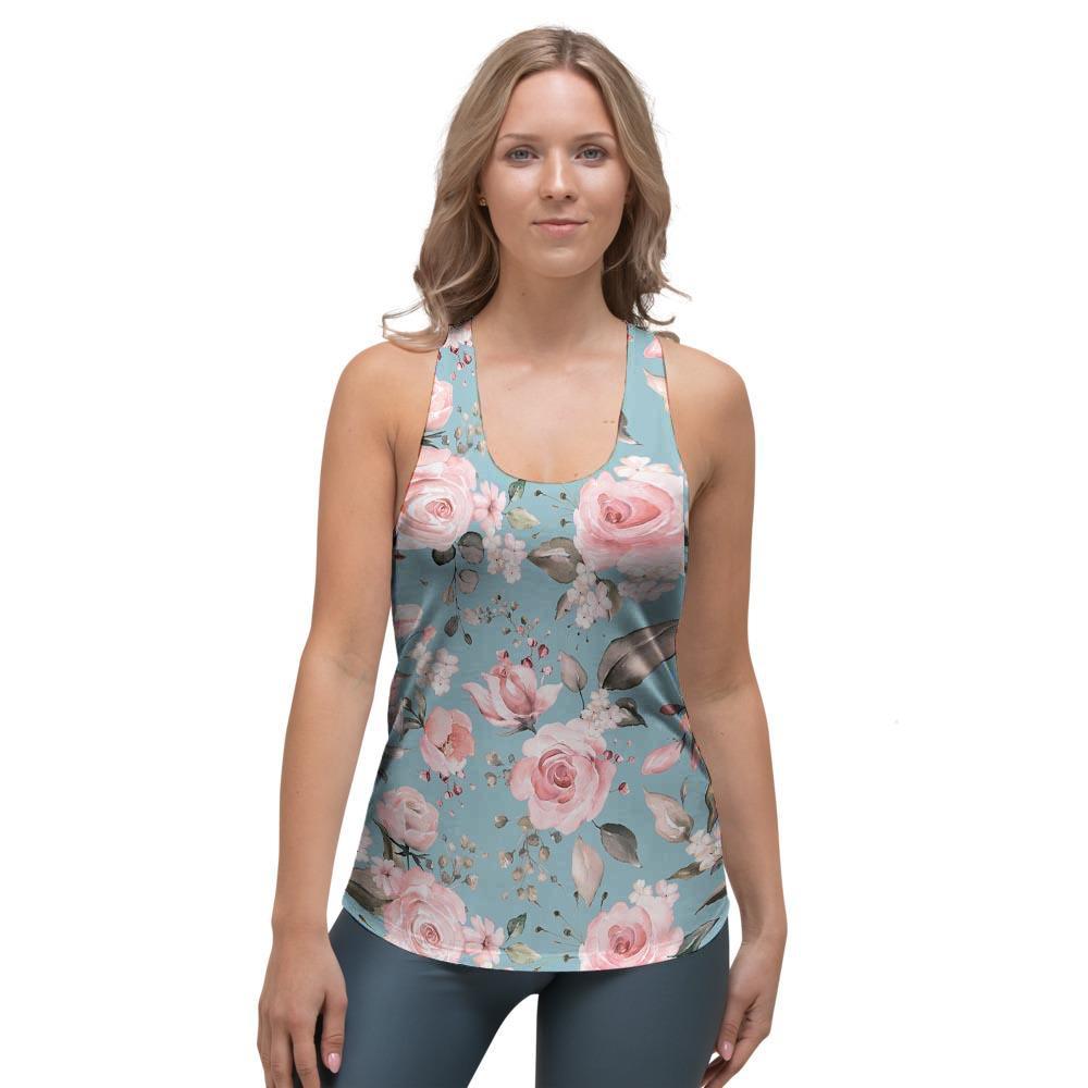Pink Rose Flower Print Women's Racerback Tank Top-grizzshop