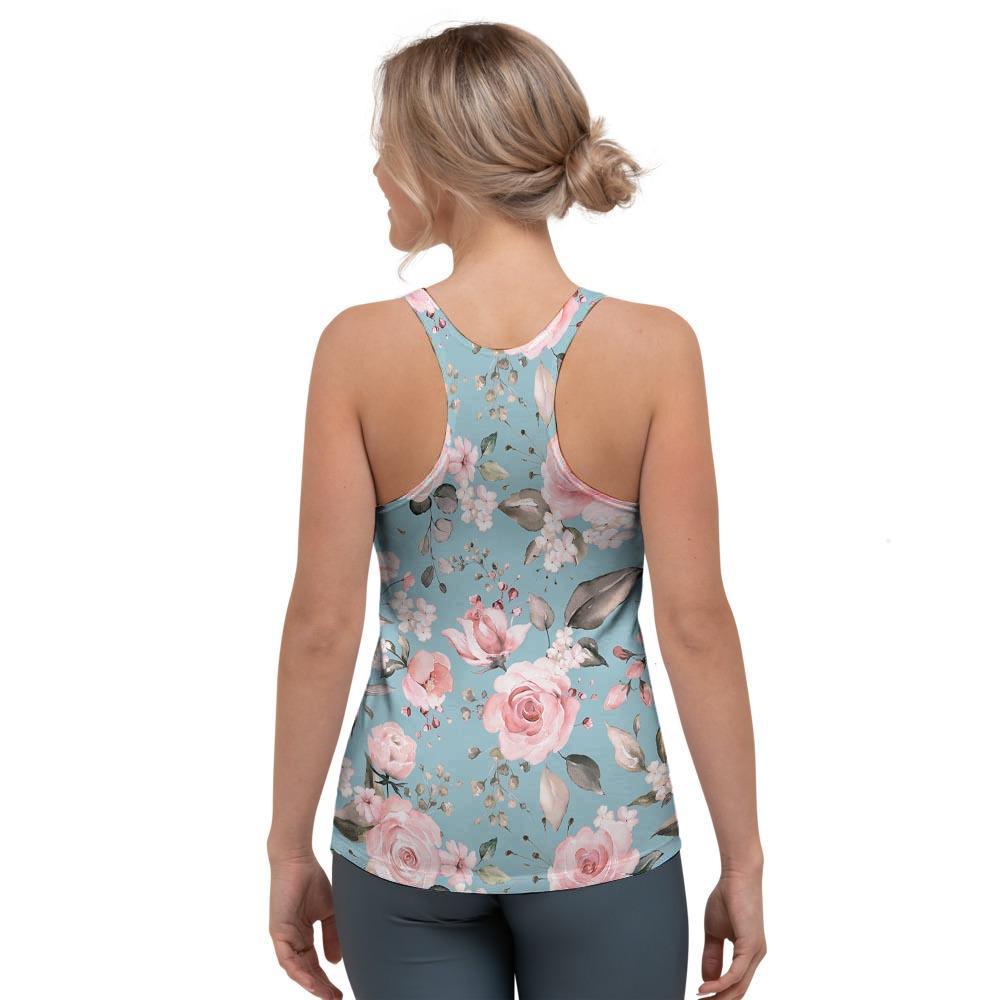 Pink Rose Flower Print Women's Racerback Tank Top-grizzshop