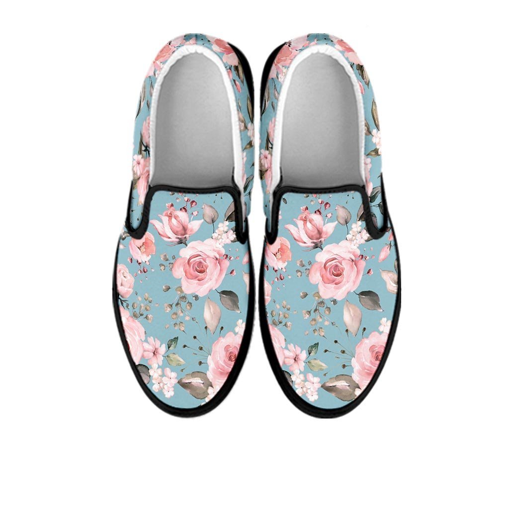 Pink Rose Flower Print Women's Slip On Sneakers-grizzshop
