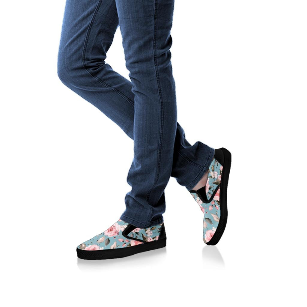 Pink Rose Flower Print Women's Slip On Sneakers-grizzshop