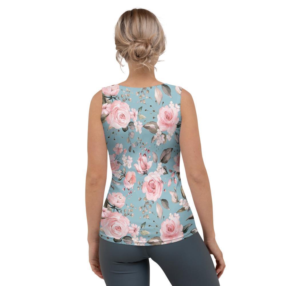 Pink Rose Flower Print Women's Tank Top-grizzshop
