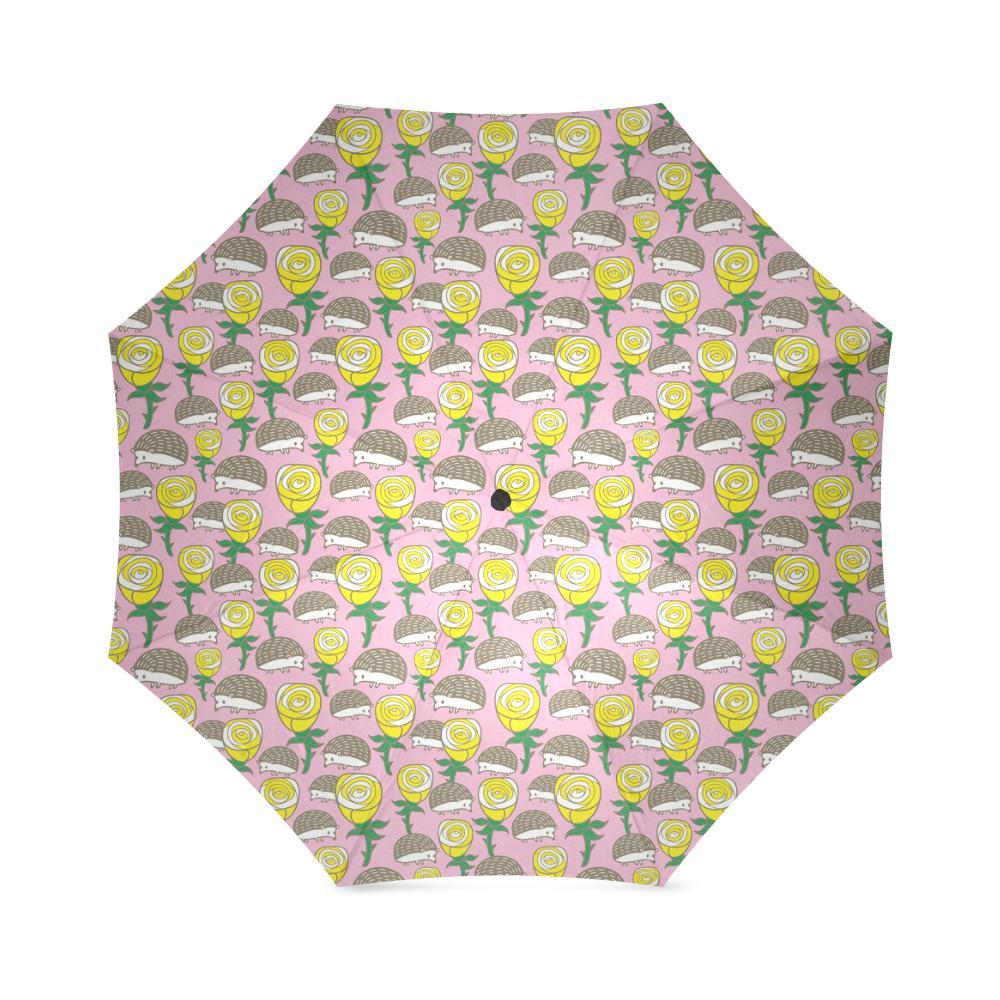 Pink Rose Hedgehogs Pattern Print Foldable Umbrella-grizzshop