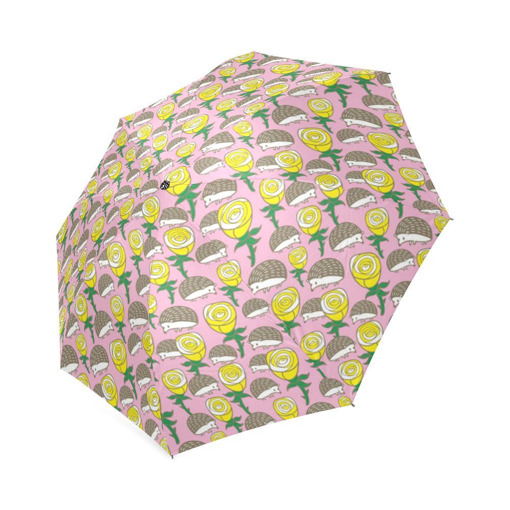 Pink Rose Hedgehogs Pattern Print Foldable Umbrella-grizzshop