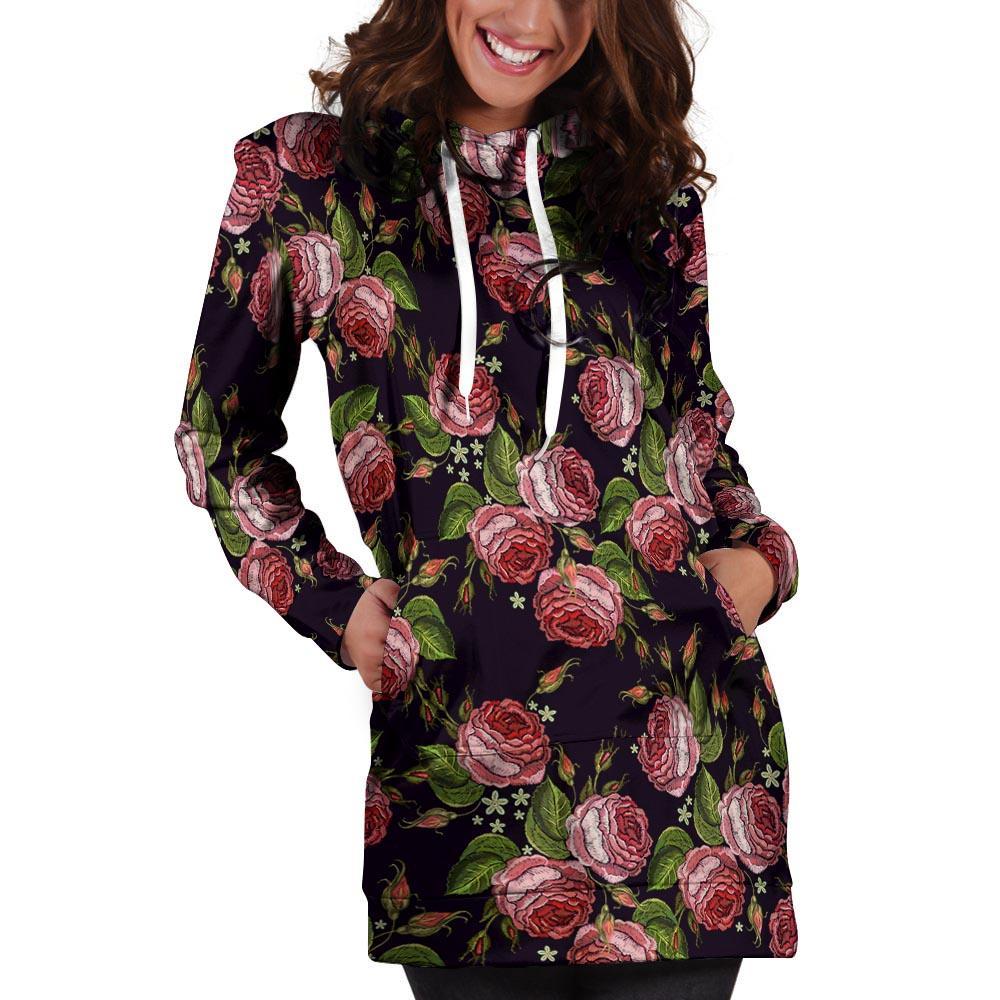 Pink Rose Print Hoodie Dress-grizzshop