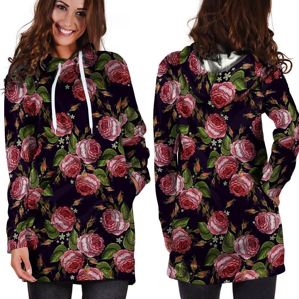 Pink Rose Print Hoodie Dress-grizzshop