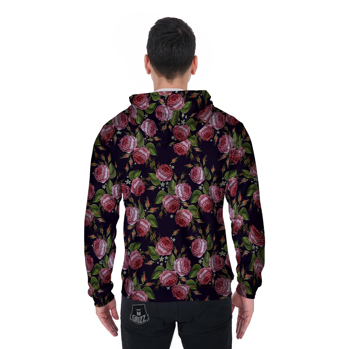 Pink Rose Print Men's Zip Up Hoodie-grizzshop