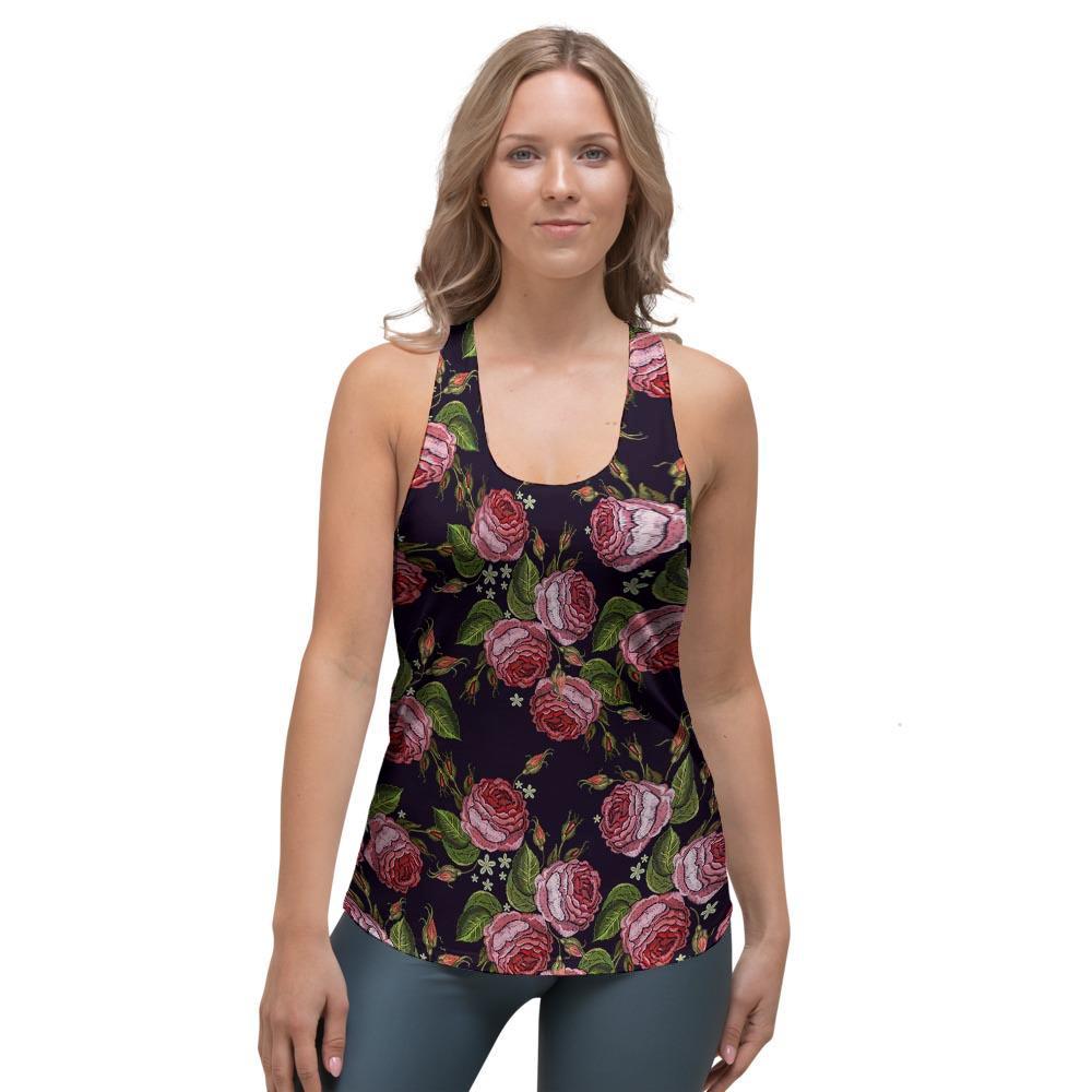 Pink Rose Print Women's Racerback Tank Top-grizzshop