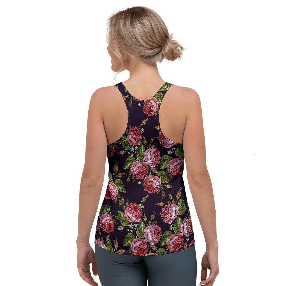Pink Rose Print Women's Racerback Tank Top-grizzshop