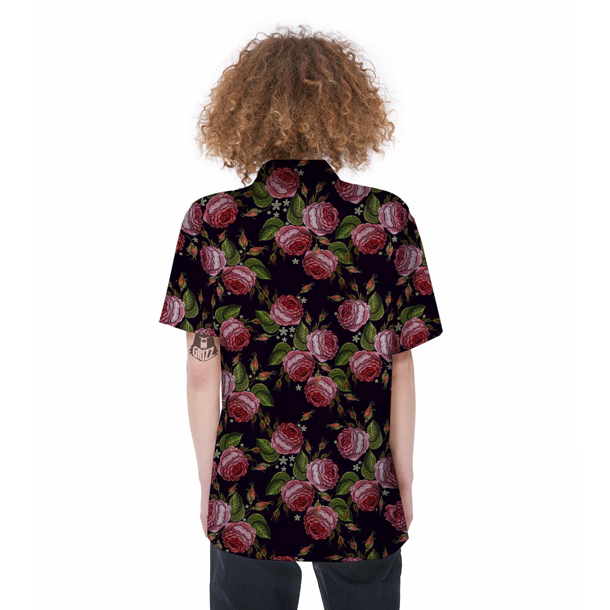 Pink Rose Print Women's Short Sleeve Shirts-grizzshop
