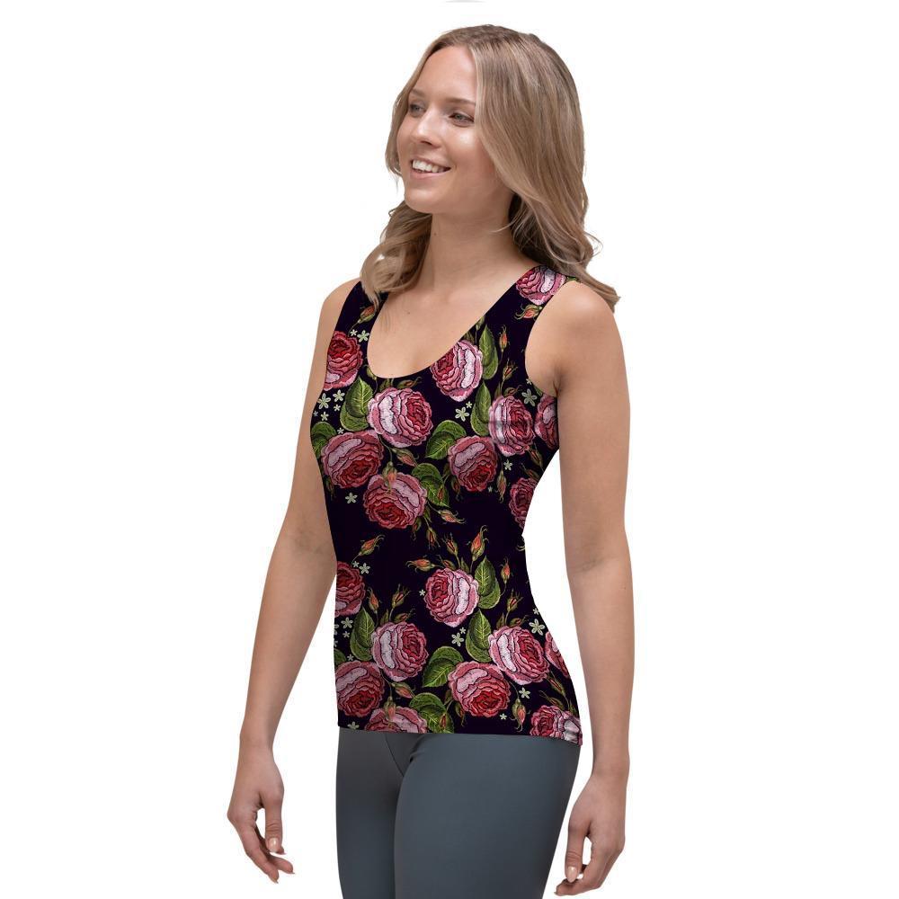 Pink Rose Print Women's Tank Top-grizzshop