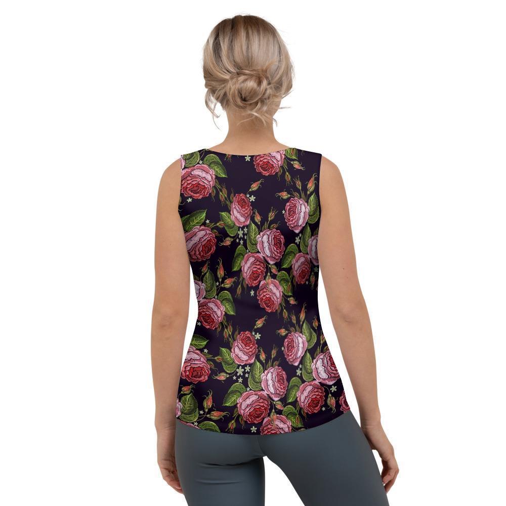 Pink Rose Print Women's Tank Top-grizzshop