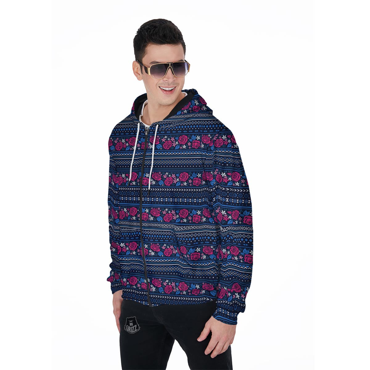 Pink Rose Tribal Aztec Men's Zip Up Hoodie-grizzshop