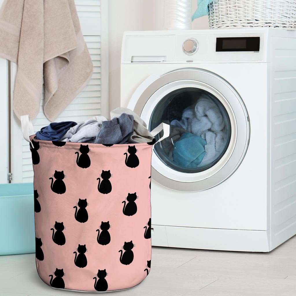 Pink Silhouette Cat Print Laundry Basket-grizzshop