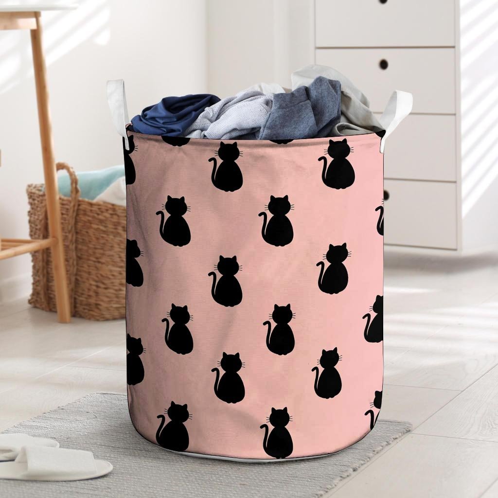 Pink Silhouette Cat Print Laundry Basket-grizzshop